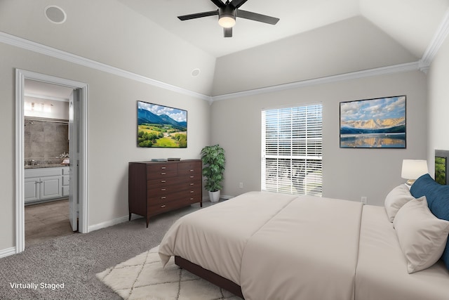 100 Bailee Ct, Forney, TX 75126 - bedroom featuring vaulted ceiling, light carpet, connected bathroom, crown molding, and baseboards