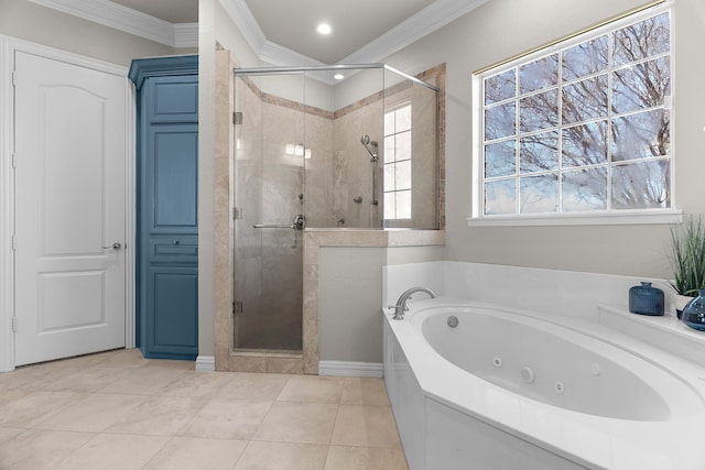 100 Bailee Ct, Forney, TX 75126 - full bathroom with a jetted tub, a stall shower, ornamental molding, tile patterned floors, and recessed lighting