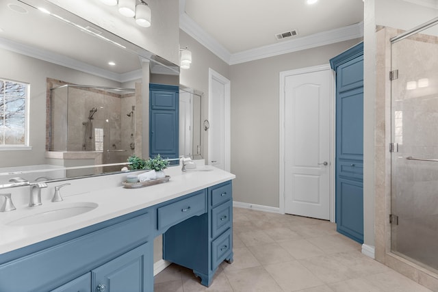 100 Bailee Ct, Forney, TX 75126 - full bathroom featuring a shower stall, vanity, ornamental molding, and tile patterned flooring