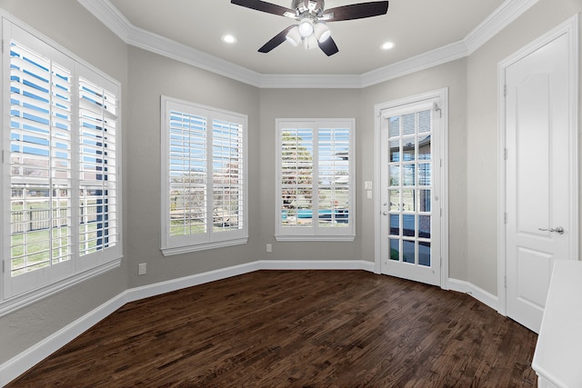 100 Bailee Ct, Forney, TX 75126 - empty room with dark wood-style flooring, ceiling fan, ornamental molding, baseboards, and recessed lighting