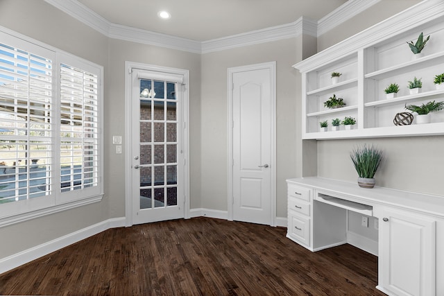 100 Bailee Ct, Forney, TX 75126 - unfurnished office with dark wood-type flooring, baseboards, built in desk, ornamental molding, and recessed lighting