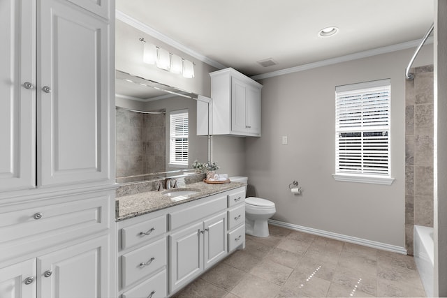 100 Bailee Ct, Forney, TX 75126 - bathroom featuring vanity, baseboards, toilet, tub / shower combination, and crown molding