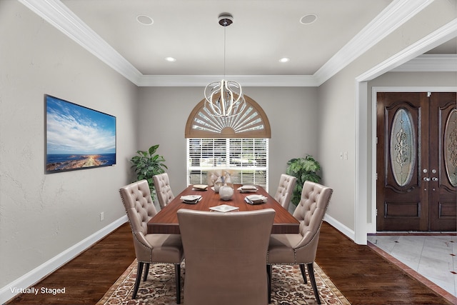 100 Bailee Ct, Forney, TX 75126 - dining area with baseboards, dark wood finished floors, crown molding, and recessed lighting