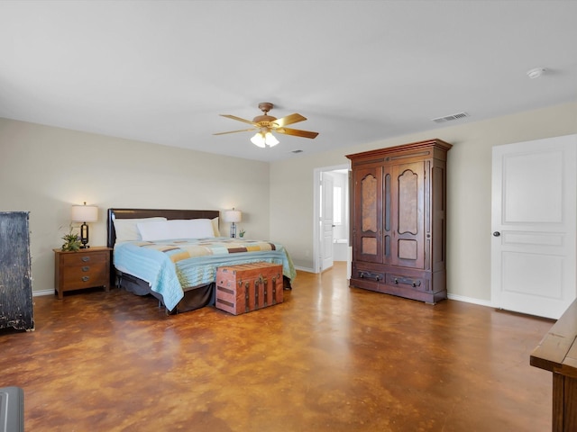 bedroom featuring a ceiling fan, visible vents, concrete floors, and baseboards