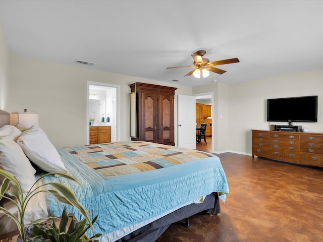 bedroom with baseboards, ceiling fan, visible vents, and finished concrete floors