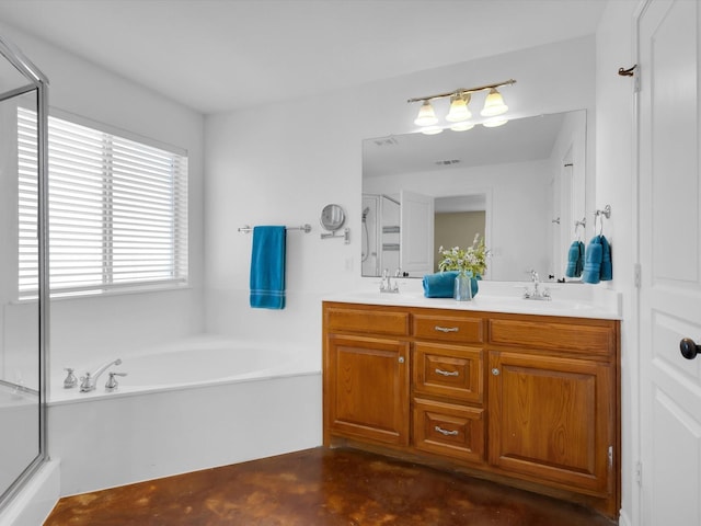 full bathroom with double vanity, visible vents, a sink, finished concrete floors, and a bath