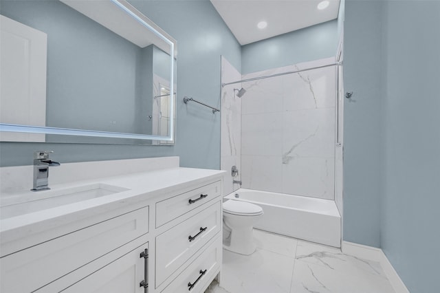 bathroom with shower / washtub combination, marble finish floor, toilet, vanity, and baseboards