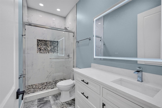 full bath featuring toilet, recessed lighting, vanity, marble finish floor, and a marble finish shower