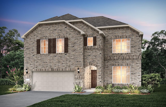 view of front of property with a garage, driveway, and brick siding