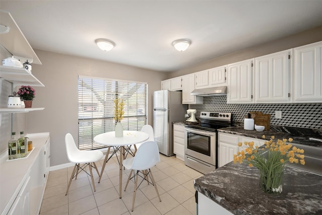 kitchen featuring open shelves, stainless steel appliances, tasteful backsplash, white cabinets, and under cabinet range hood