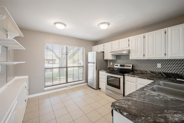 kitchen featuring stainless steel electric range oven, tasteful backsplash, freestanding refrigerator, a sink, and under cabinet range hood