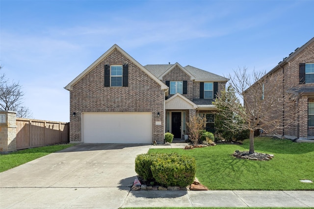 view of front of property featuring driveway, a garage, fence, a front lawn, and brick siding