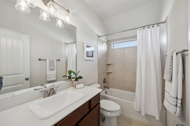 full bathroom with vanity, shower / bath combo, tile patterned flooring, and toilet