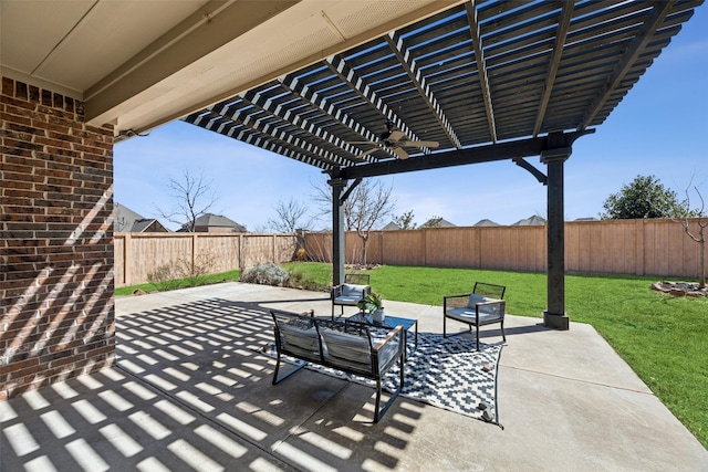 view of patio / terrace with a fenced backyard and a pergola