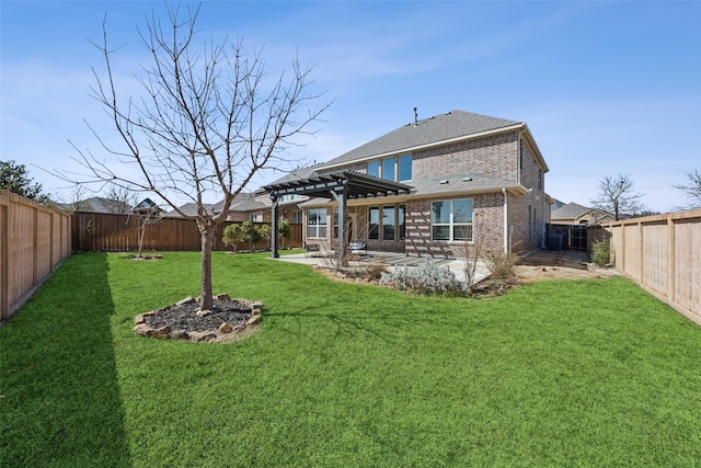 rear view of house with a patio, a fenced backyard, a yard, a pergola, and brick siding