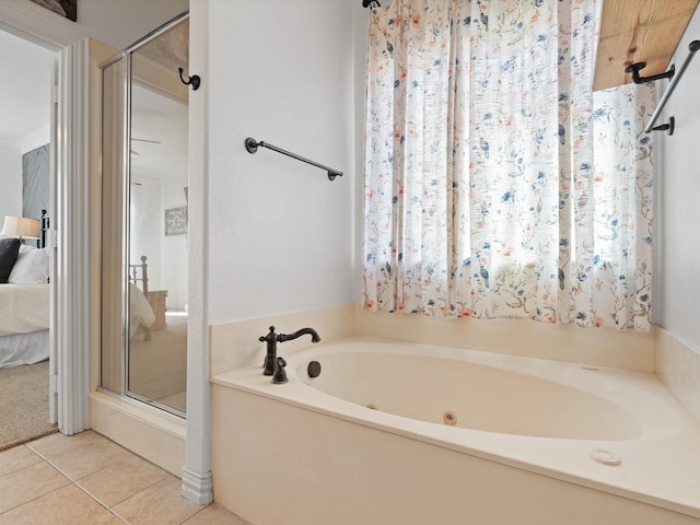 full bathroom with a stall shower, tile patterned flooring, a garden tub, and connected bathroom