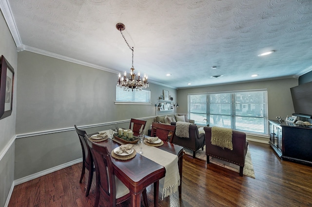 dining space with baseboards, dark wood finished floors, a textured ceiling, and ornamental molding