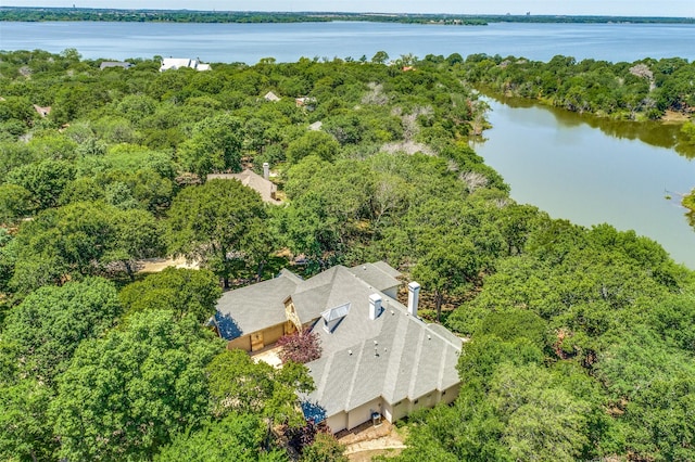 bird's eye view with a water view and a wooded view