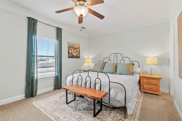 bedroom with baseboards, ornamental molding, and light colored carpet