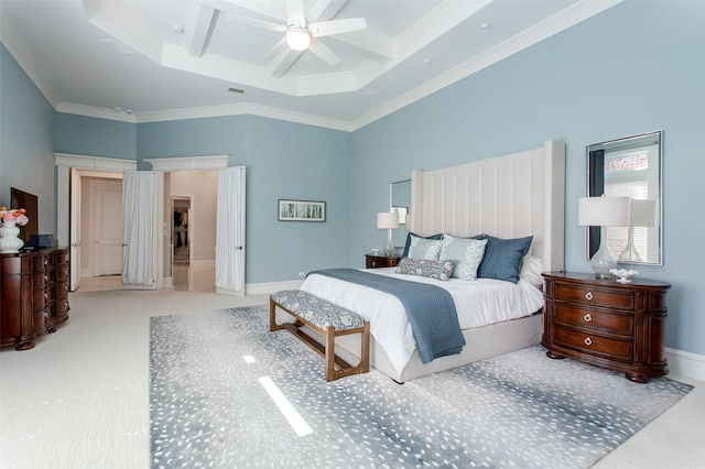 bedroom with ornamental molding, a ceiling fan, coffered ceiling, carpet, and baseboards