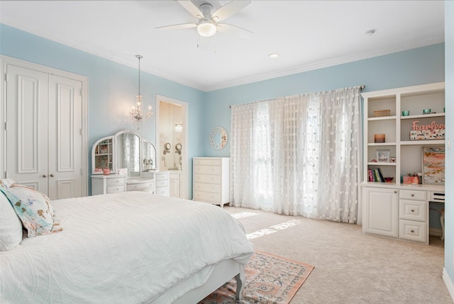 bedroom with light carpet, connected bathroom, crown molding, and a closet