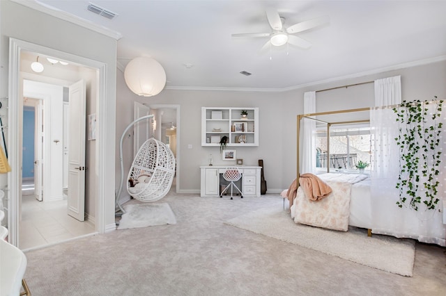 bedroom with visible vents, carpet flooring, baseboards, and ornamental molding