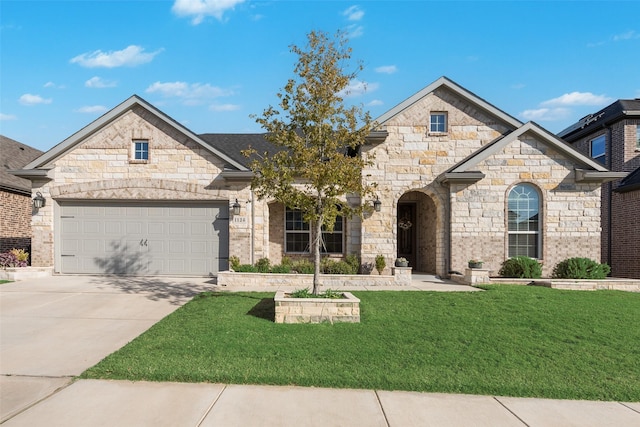 french provincial home featuring a garage, concrete driveway, and a front yard