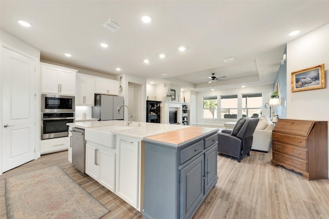 kitchen featuring light wood-style flooring, a sink, white cabinets, appliances with stainless steel finishes, and a tray ceiling