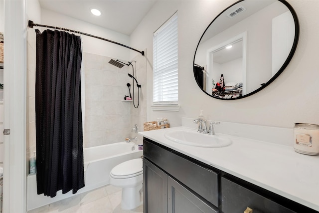 full bath with toilet, recessed lighting, vanity, visible vents, and shower / bathtub combination with curtain