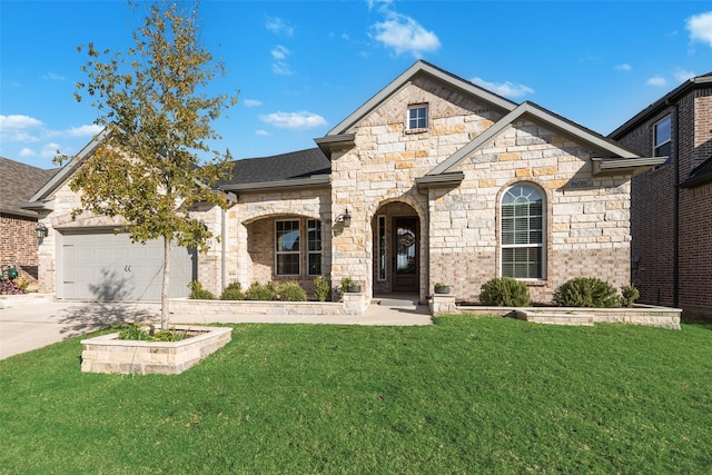 french country inspired facade with a garage, concrete driveway, roof with shingles, and a front yard