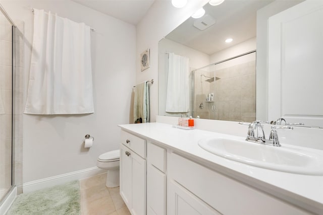 full bath with baseboards, tiled shower, toilet, tile patterned flooring, and vanity