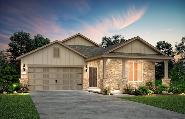 craftsman inspired home with a shingled roof, concrete driveway, stone siding, an attached garage, and board and batten siding