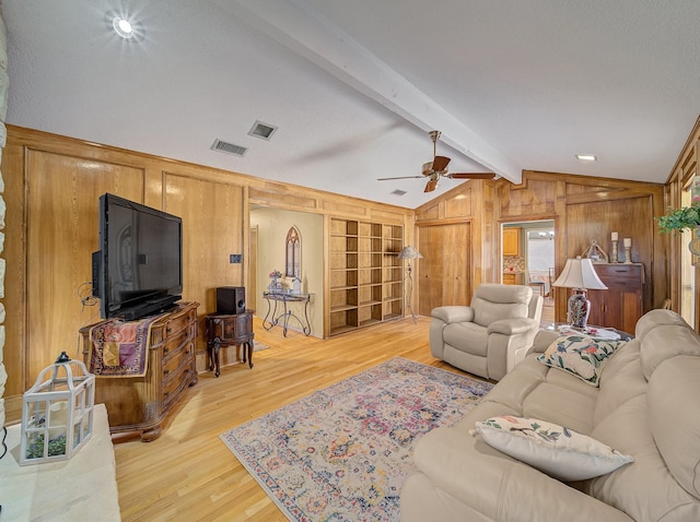 113 S Beltwoods Dr, Desoto, TX 75115 - living room featuring vaulted ceiling with beams, light wood-type flooring, visible vents, and wooden walls