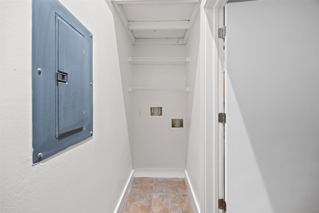 laundry area with hookup for a washing machine, electric panel, and baseboards