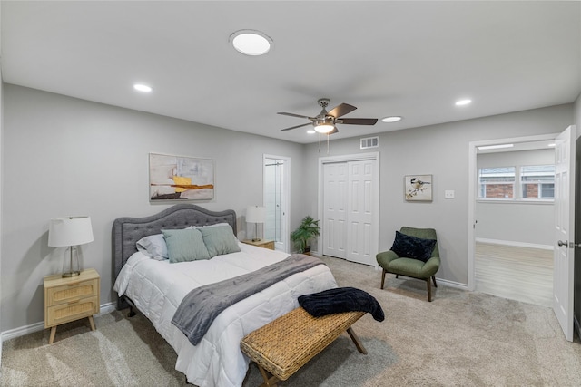 carpeted bedroom with recessed lighting, visible vents, ceiling fan, and baseboards