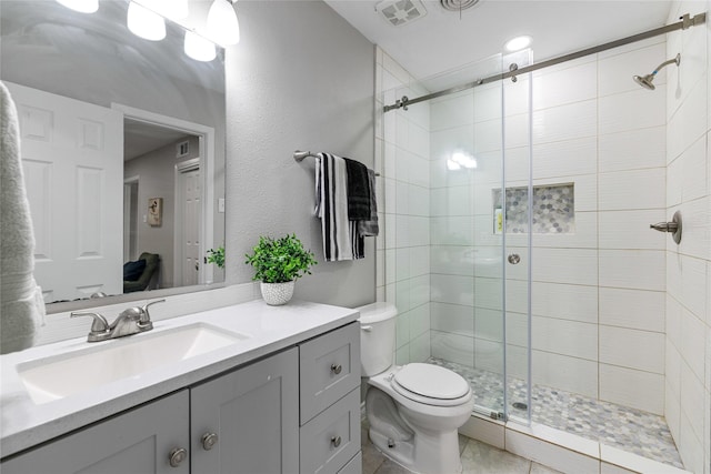 bathroom with a stall shower, visible vents, a textured wall, toilet, and vanity