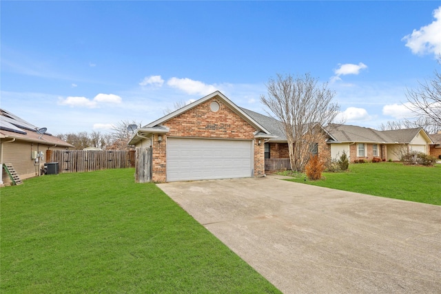 single story home featuring driveway, a garage, brick siding, fence, and a front yard