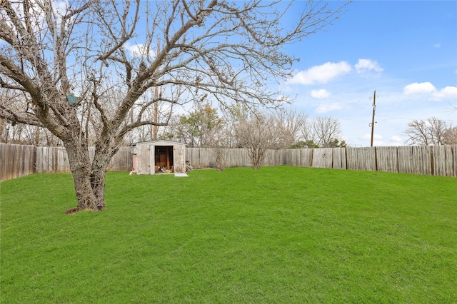 view of yard with an outbuilding, a storage unit, and a fenced backyard