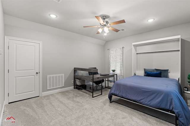 carpeted bedroom featuring a ceiling fan, recessed lighting, visible vents, and baseboards