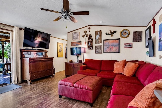 505 County Road 3420, Hawkins, TX 75765 - living room featuring a ceiling fan, ornamental molding, wood finished floors, vaulted ceiling, and a textured ceiling