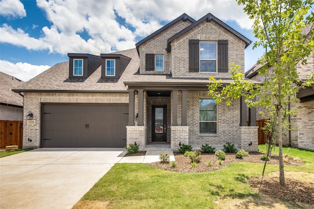 view of front of home with a garage, driveway, brick siding, and roof with shingles