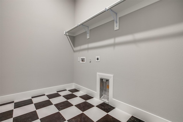 washroom with hookup for an electric dryer, laundry area, washer hookup, baseboards, and tile patterned floors