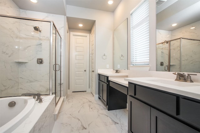 full bathroom featuring a marble finish shower, visible vents, marble finish floor, a bath, and recessed lighting