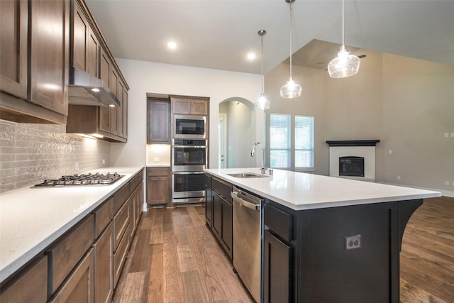 kitchen featuring stainless steel appliances, dark wood-style flooring, exhaust hood, a sink, and backsplash