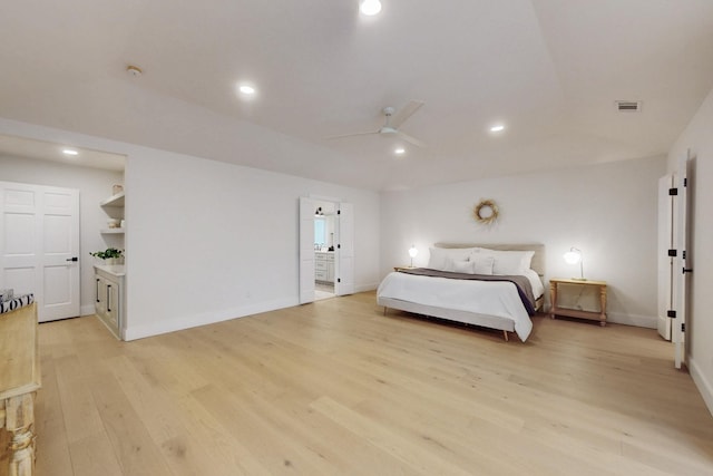 unfurnished bedroom with light wood-style floors, baseboards, visible vents, and recessed lighting