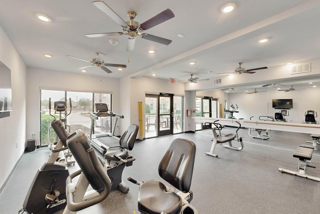 gym featuring recessed lighting, visible vents, and baseboards