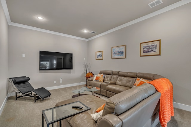 carpeted living area featuring recessed lighting, baseboards, visible vents, and ornamental molding