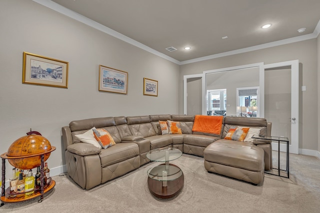 living room with recessed lighting, visible vents, crown molding, and baseboards