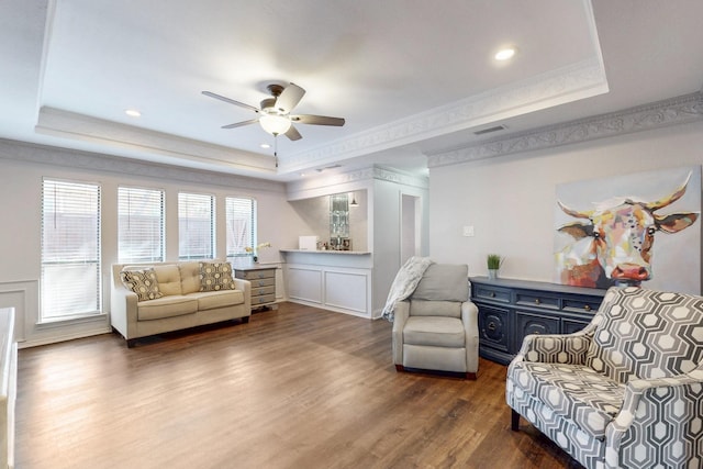 1721 Plummer Dr, Rockwall, TX 75087 - living area featuring a tray ceiling, ceiling fan, dark wood-type flooring, a decorative wall, and recessed lighting
