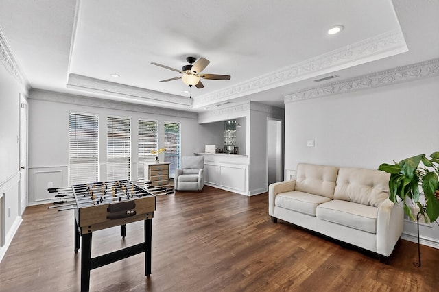 1721 Plummer Dr, Rockwall, TX 75087 - recreation room featuring a tray ceiling, a ceiling fan, dark wood-type flooring, crown molding, and recessed lighting